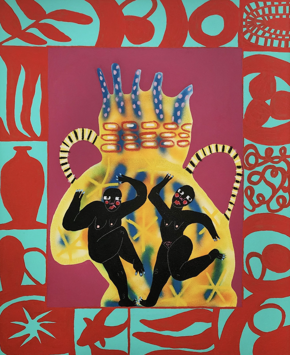 Contemporary African artwork with dancing figures and cultural symbols